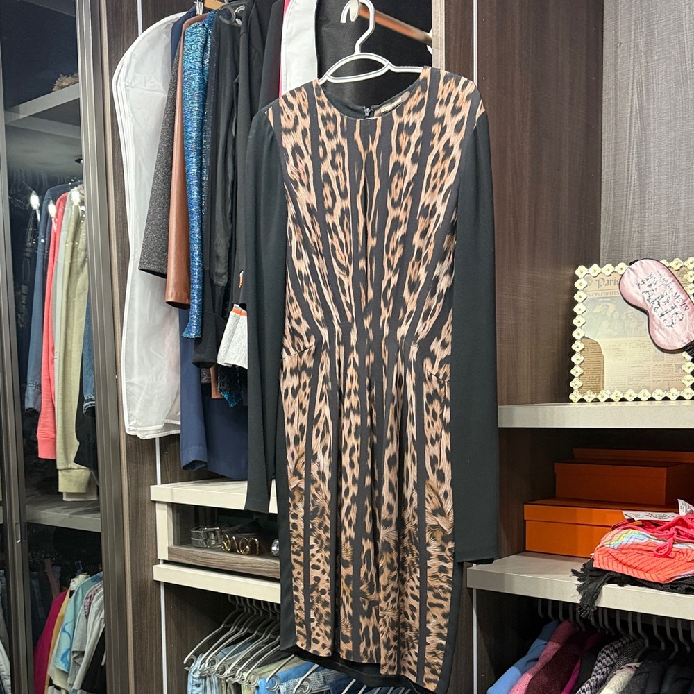Roberto Cavalli Black and Tan Animal Print Dress